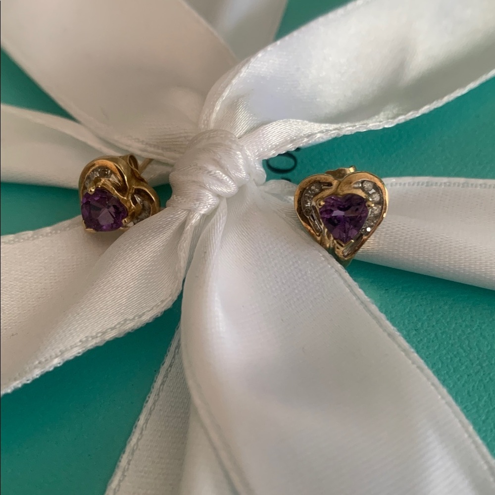 Solid Gold Diamond and amethyst heart earrings